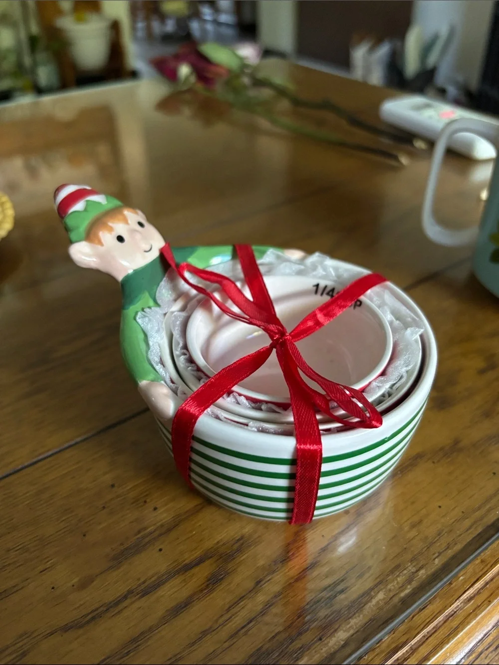 Festive Green Elf Ceramic Nesting Measuring Cups with Red Ribbon